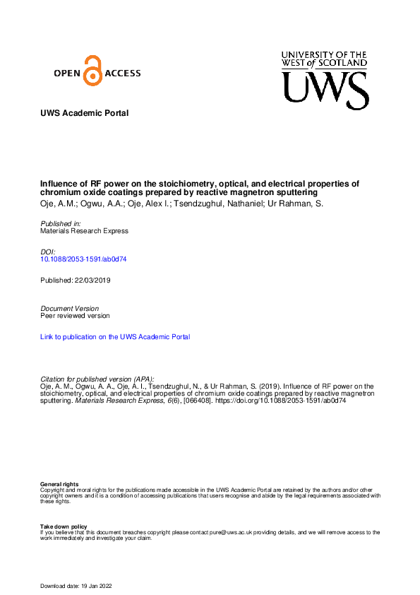 (PDF) Influence of RF power on the stoichiometry, optical, and ...