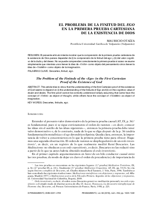 (PDF) El problema de la finitud del ego en la primera prueba cartesiana ...