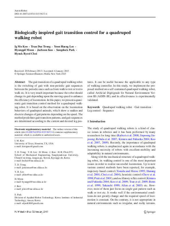 (PDF) Biologically inspired gait transition control for a quadruped ...