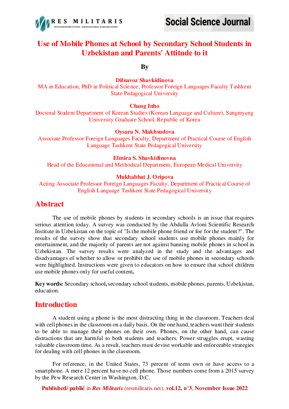 (PDF) Use of Mobile Phones at School by Secondary School Students in ...
