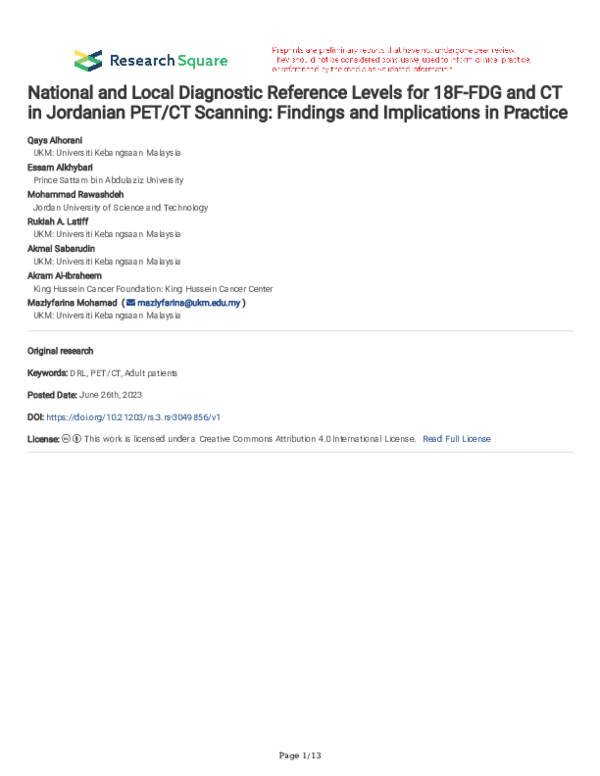 (PDF) National and Local Diagnostic Reference Levels for 18F-FDG and CT ...