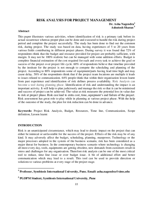 (PDF) Risk Analysis for Project Management