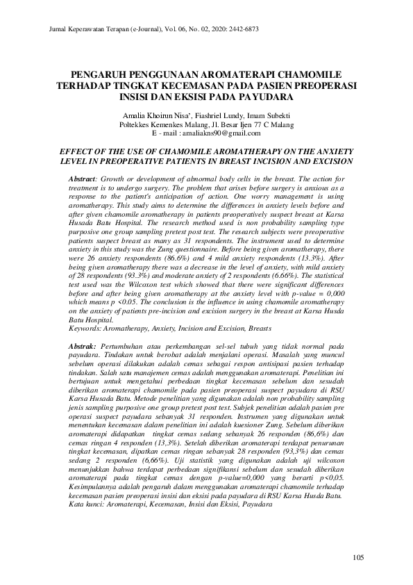 Pengaruh Penggunaan Aromaterapi Chamomile Terhadap Tingkat Kecemasan Pada Pasien Preoperasi Insisi Dan Eksisi Pada Payudara