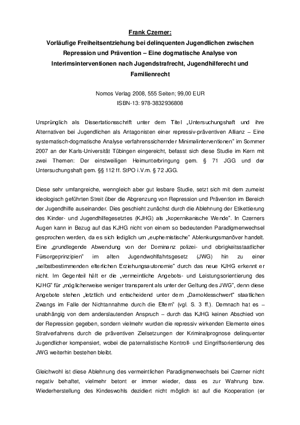 (PDF) Frank Czerner: Vorläufige Freiheitsentziehung bei delinquenten ...