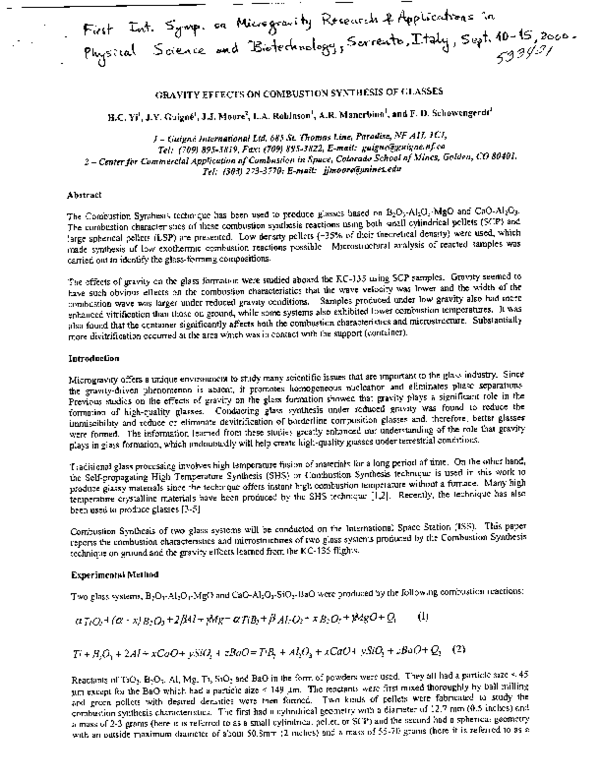 (PDF) Gravity Effects on Combustion Synthesis of Glasses