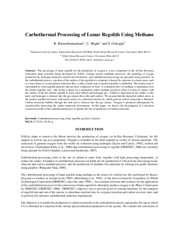 (PDF) Carbothermal Processing of Lunar Regolith Using Methane