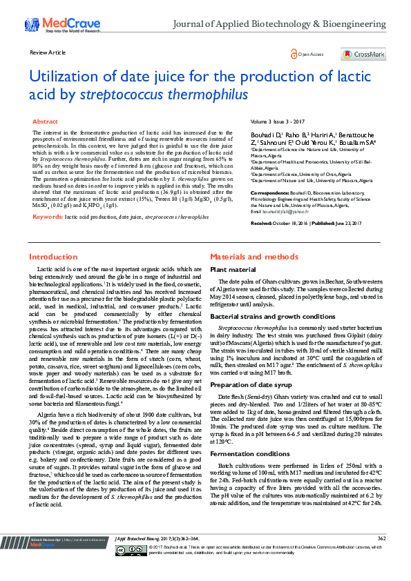 (PDF) Utilization of Date Juice for the Production of Lactic Acid by ...