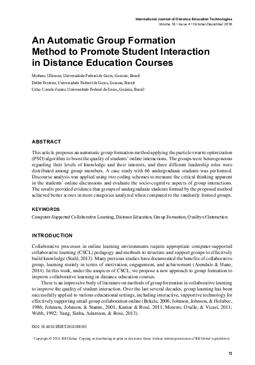 (PDF) An Automatic Group Formation Method to Promote Student ...