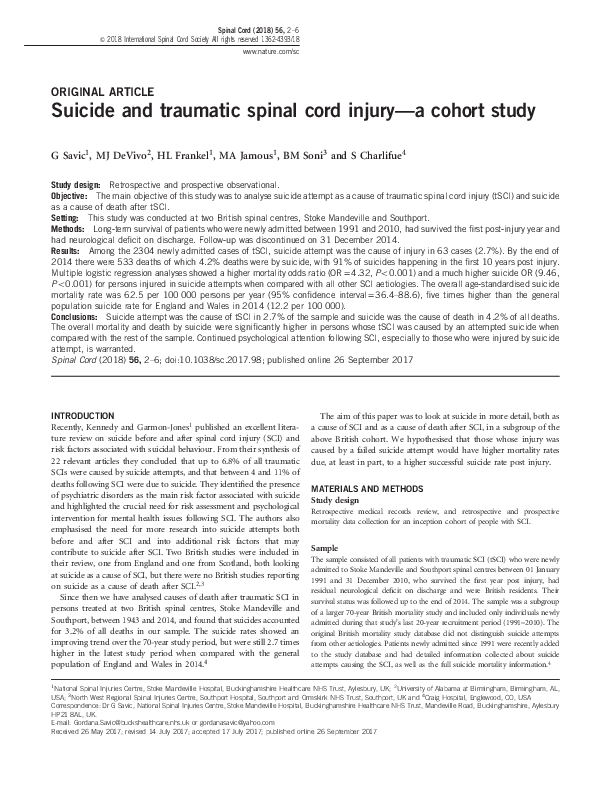 (PDF) Suicide and traumatic spinal cord injury—a cohort study