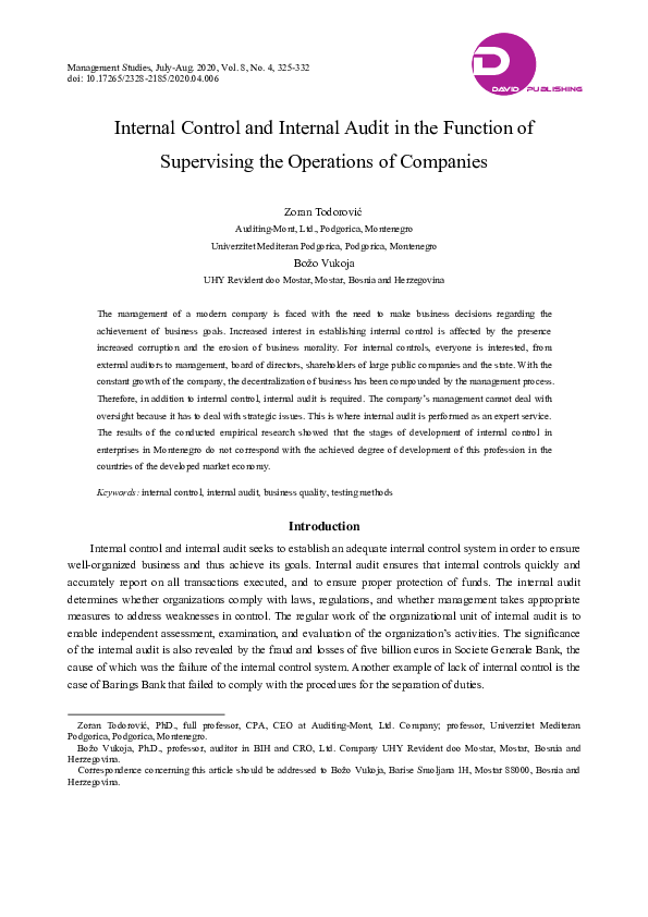 (PDF) Internal Control and Internal Audit in the Function of ...