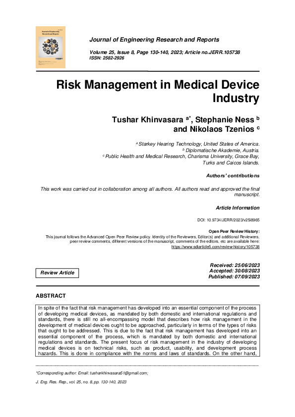 (PDF) Risk Management in Medical Device Industry