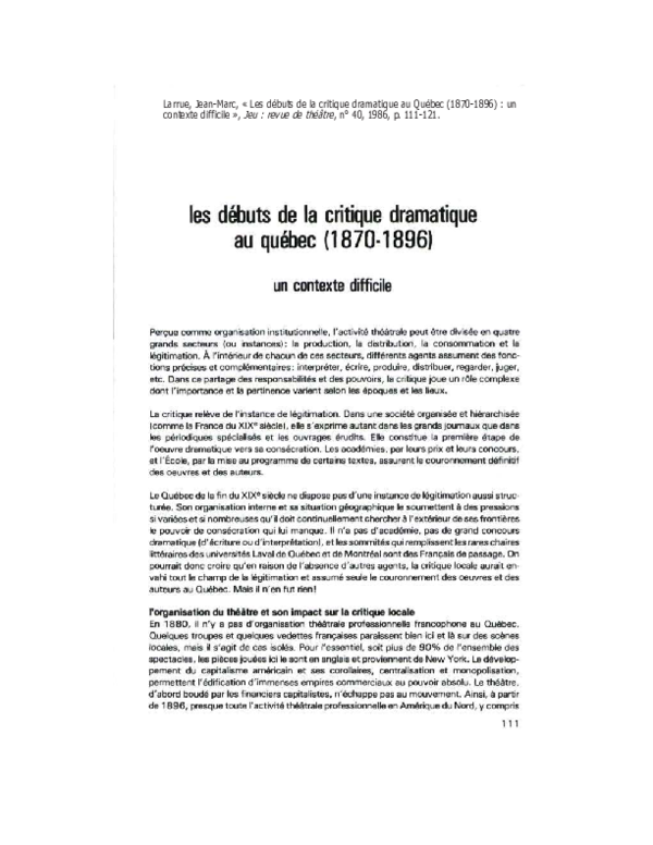 (PDF) Les débuts de la critique dramatique au Québec (1870-1896) : un ...