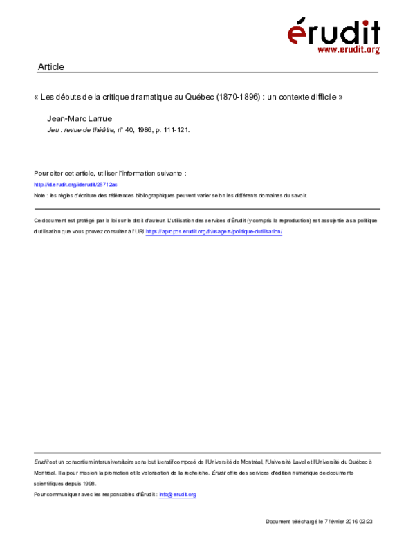 (PDF) Les débuts de la critique dramatique au Québec (1870-1896) : Un ...