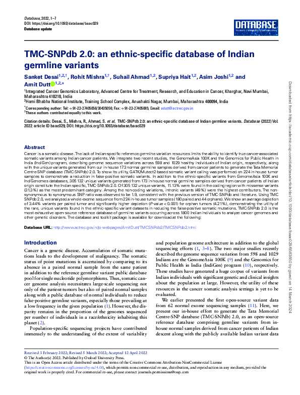 (PDF) TMC-SNPdb 2.0: an ethnic-specific database of Indian germline ...
