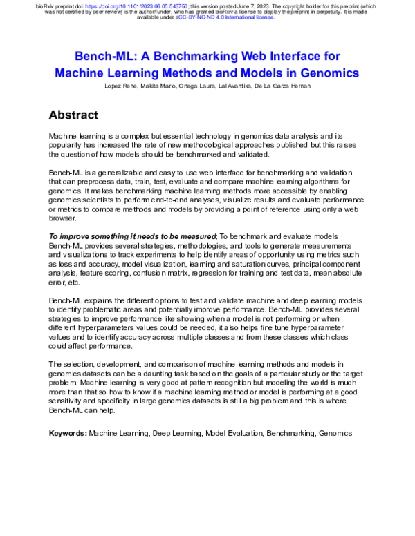 (PDF) Bench-ML: A Benchmarking Web Interface for Machine Learning ...