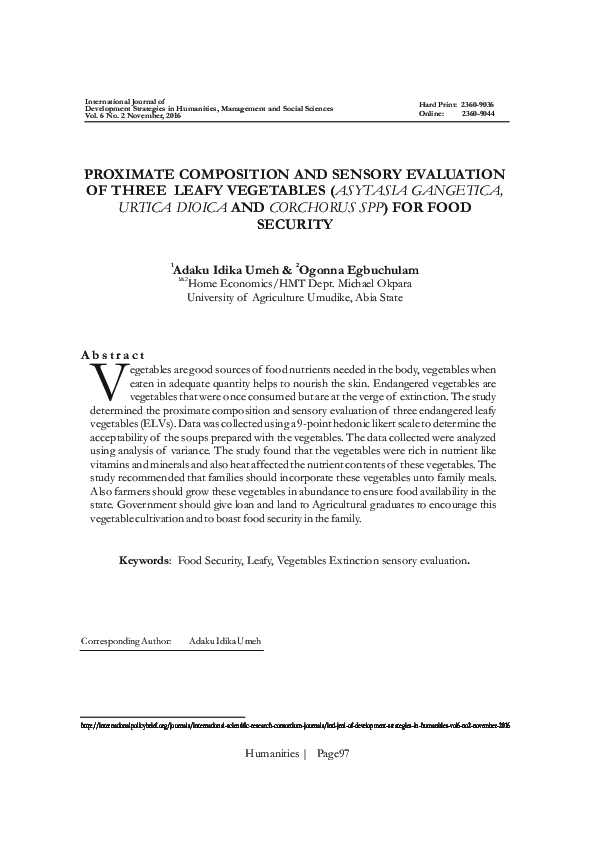 (PDF) Proximate Composition and Sensory Evaluation of Three Leafy ...