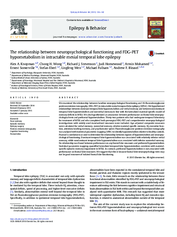 (PDF) The relationship between neuropsychological functioning and FDG ...