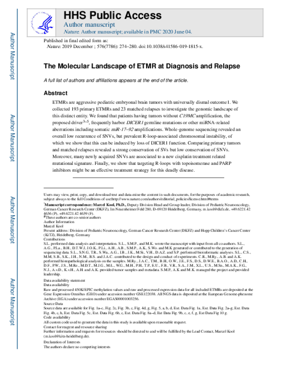 (PDF) The molecular landscape of ETMR at diagnosis and relapse