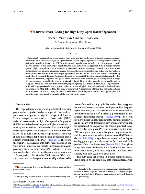 (PDF) Quadratic Phase Coding for High Duty Cycle Radar Operation