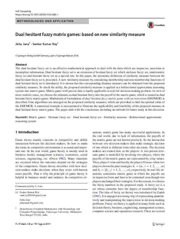 (PDF) Dual hesitant fuzzy matrix games: based on new similarity measure