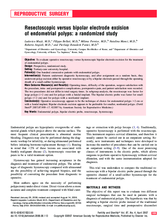 (PDF) Resectoscopic versus bipolar electrode excision of endometrial ...