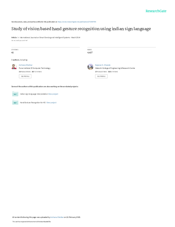 (PDF) Study of Vision Based Hand Gesture Recognition Using Indian Sign ...