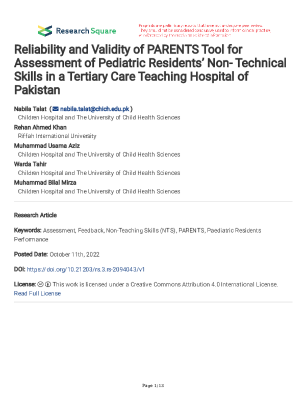(PDF) Reliability and Validity of PARENTS Tool for Assessment of ...