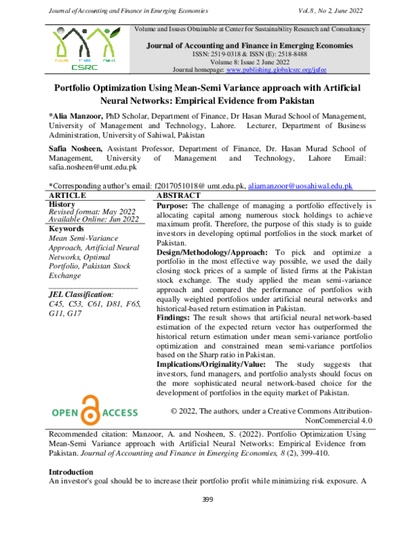 (PDF) Portfolio Optimization Using Mean-Semi Variance approach with ...