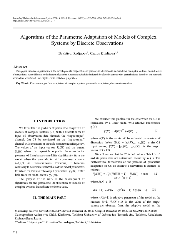 (PDF) Algorithms of the Parametric Adaptation of Models of Complex ...