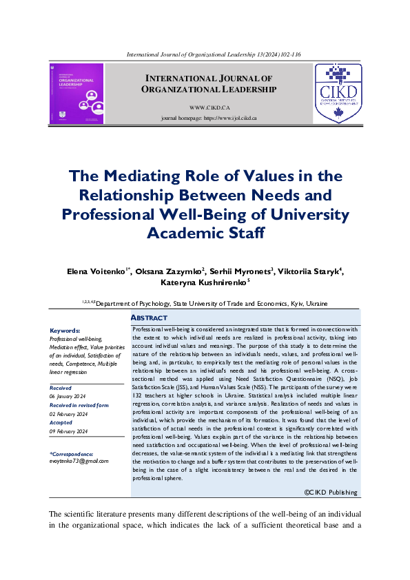 (PDF) The Mediating Role of Values in the Relationship Between Needs ...