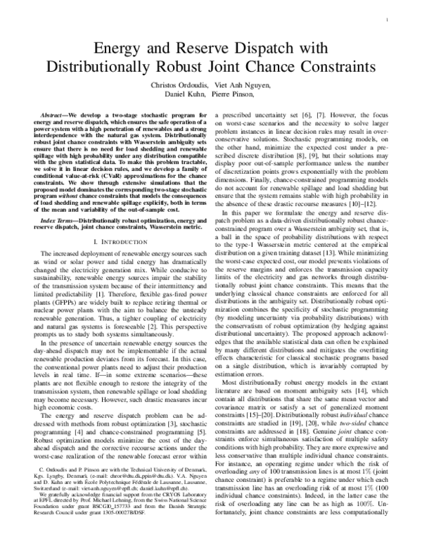(PDF) Energy and reserve dispatch with distributionally robust joint ...