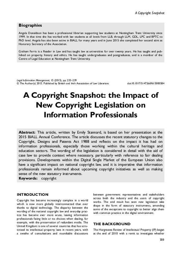 (PDF) A Copyright Snapshot: the Impact of New Copyright Legislation on ...