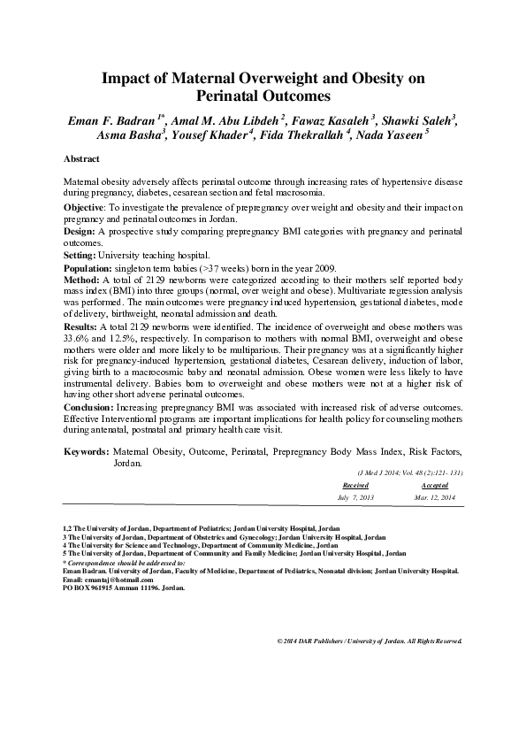 (PDF) Impact of Maternal Overweight and Obesity on Perinatal Outcomes ...