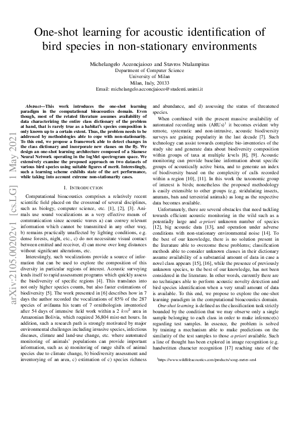 (PDF) One-shot learning for acoustic identification of bird species in ...