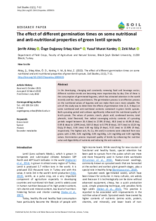 (PDF) The Effect of Different Germination Times on Some Nutritional and ...