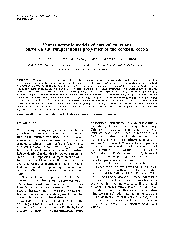 (PDF) Neural network models of cortical functions based on the ...