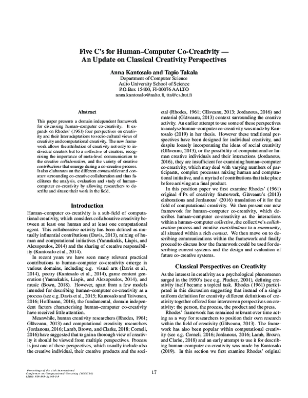 (PDF) Five C's for Human–Computer Co-Creativity — An Update on ...