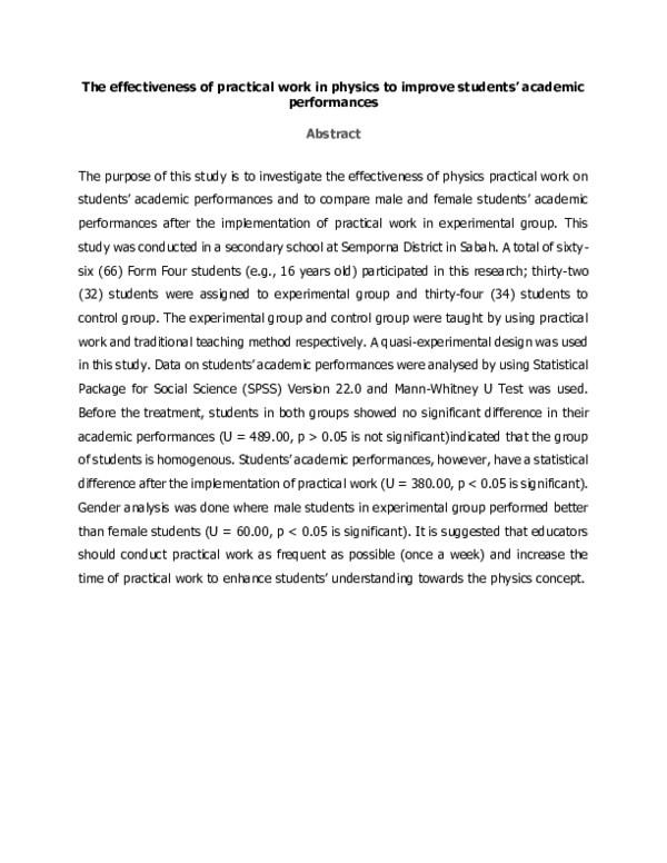 (PDF) The Effectiveness of Practical Work in Physics to Improve ...