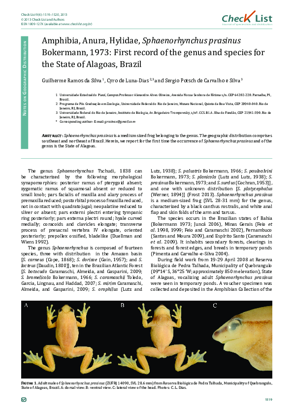(PDF) Amphibia, Anura, Hylidae, Sphaenorhynchus prasinus Bokermann ...
