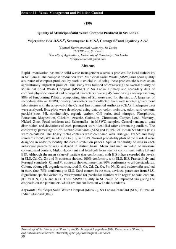 (PDF) Quality of Municipal Solid Waste Compost Produced in Sri Lanka