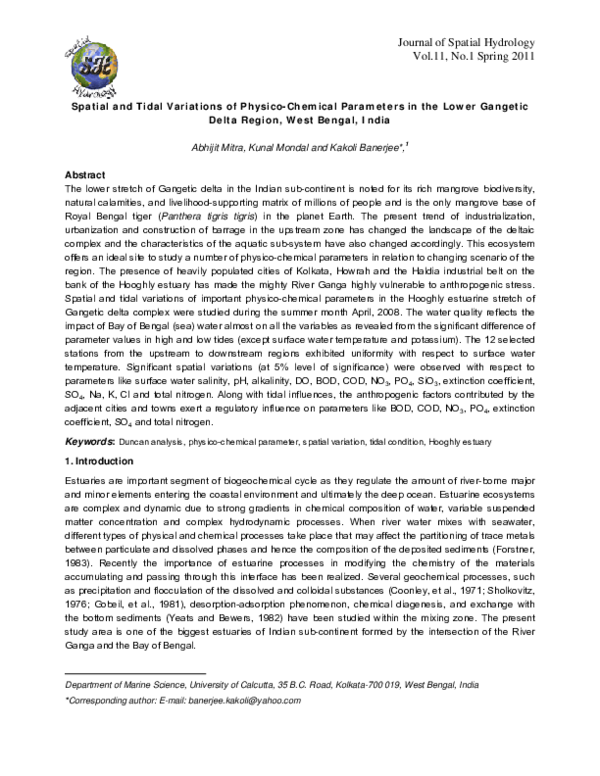 Spatial and Tidal Variations of Physico-Chemical Parameters in the Lower Gangetic Delta Region, West Bengal, India