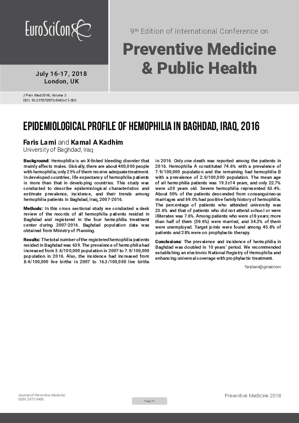 (PDF) Epidemiological profile of hemophilia in Baghdad, Iraq, 2016