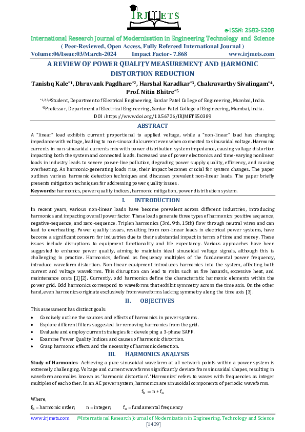 (PDF) A REVIEW OF POWER QUALITY MEASUREMENT AND HARMONIC DISTORTION ...