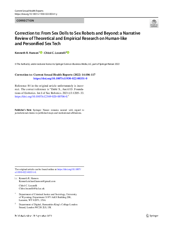 PDF) Correction to: From Sex Dolls to Sex Robots and Beyond: a Narrative  Review of Theoretical and Empirical Research on Human-like and Personified  Sex Tech