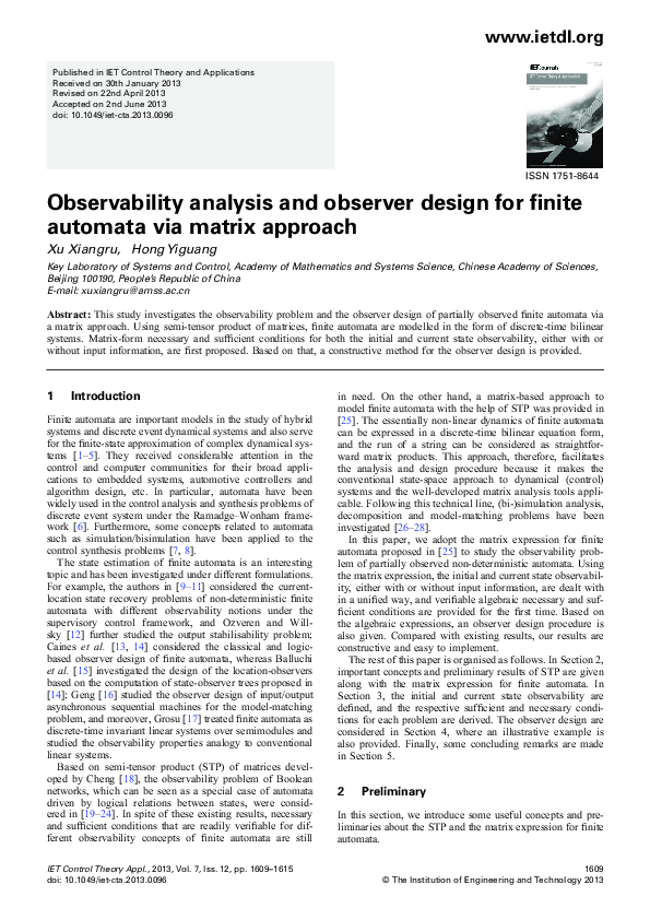 (PDF) Observability analysis and observer design for finite automata ...