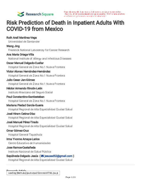 (PDF) Risk Prediction of Death in Inpatient Adults With COVID-19 from ...