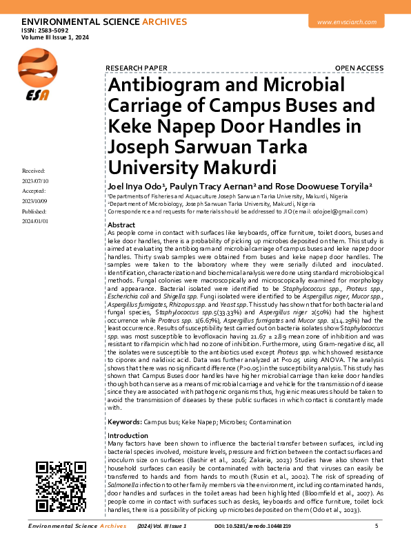 (PDF) Antibiogram and Microbial Carriage of Campus Buses and Keke Napep ...