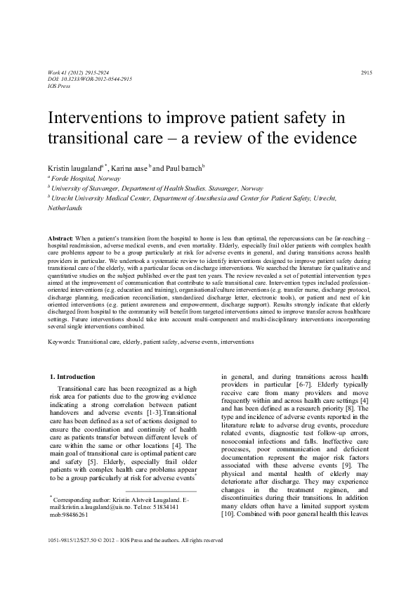 (PDF) Interventions to improve patient safety in transitional care--a ...