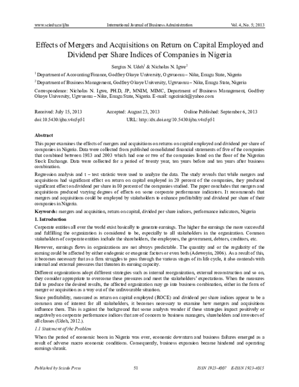(PDF) Effects of Mergers and Acquisitions on Return on Capital Employed ...