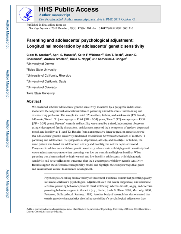 (PDF) Parenting and adolescents’ psychological adjustment: Longitudinal ...